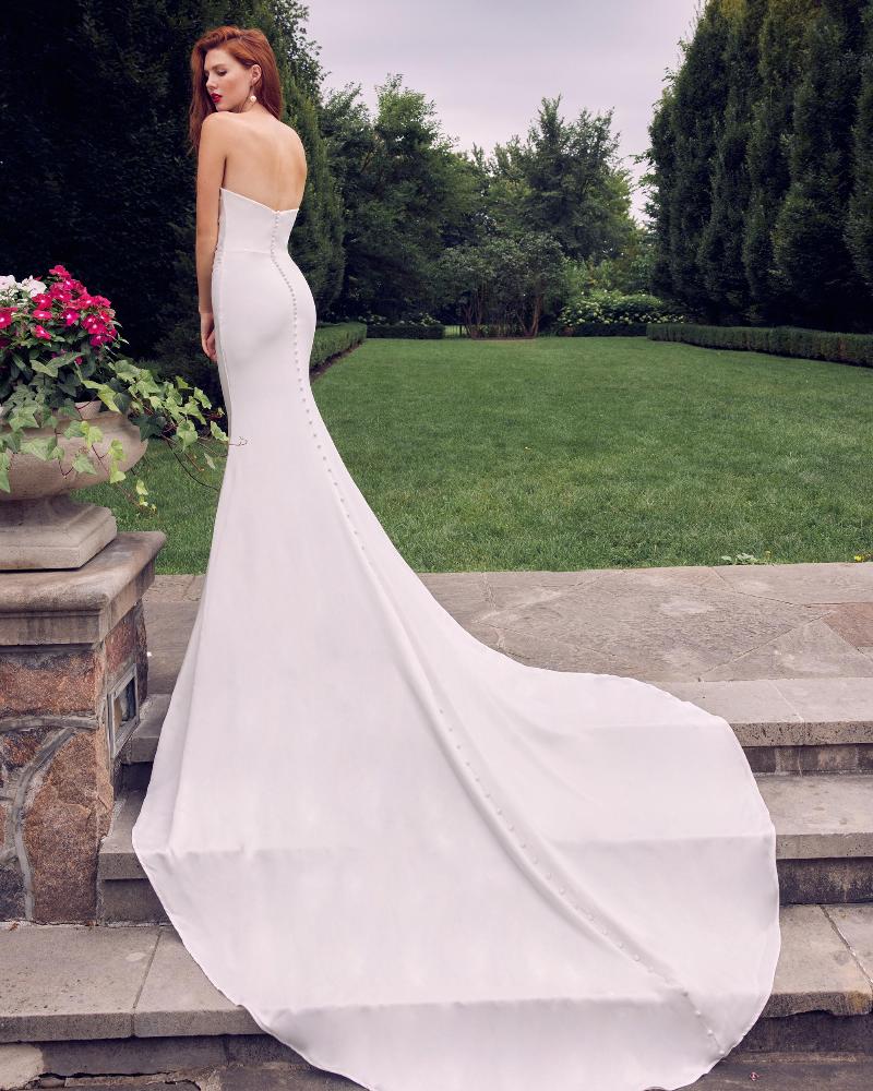 La22105 satin sheath wedding dress with buttons down the back and straight neckline2